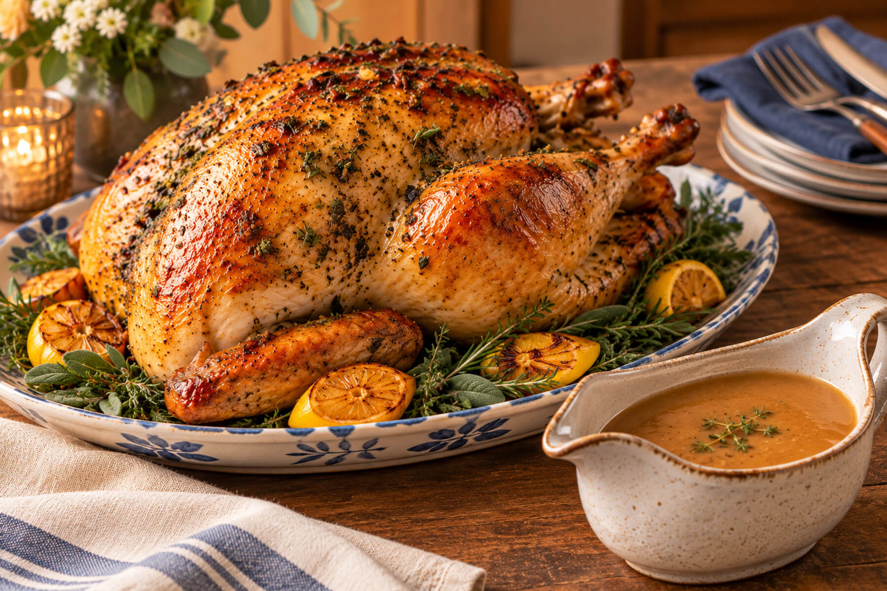Herb-roasted turkey on a platter with roasted citrus and a boat of gravy